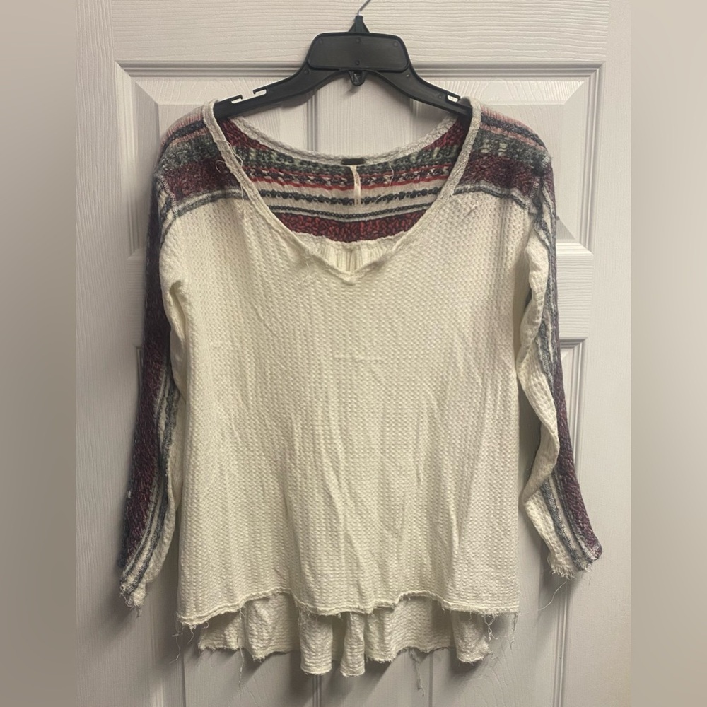 Free People Waffle Knit Thermal V-Neck Top W/ Wool Blend Embroidery Size Small